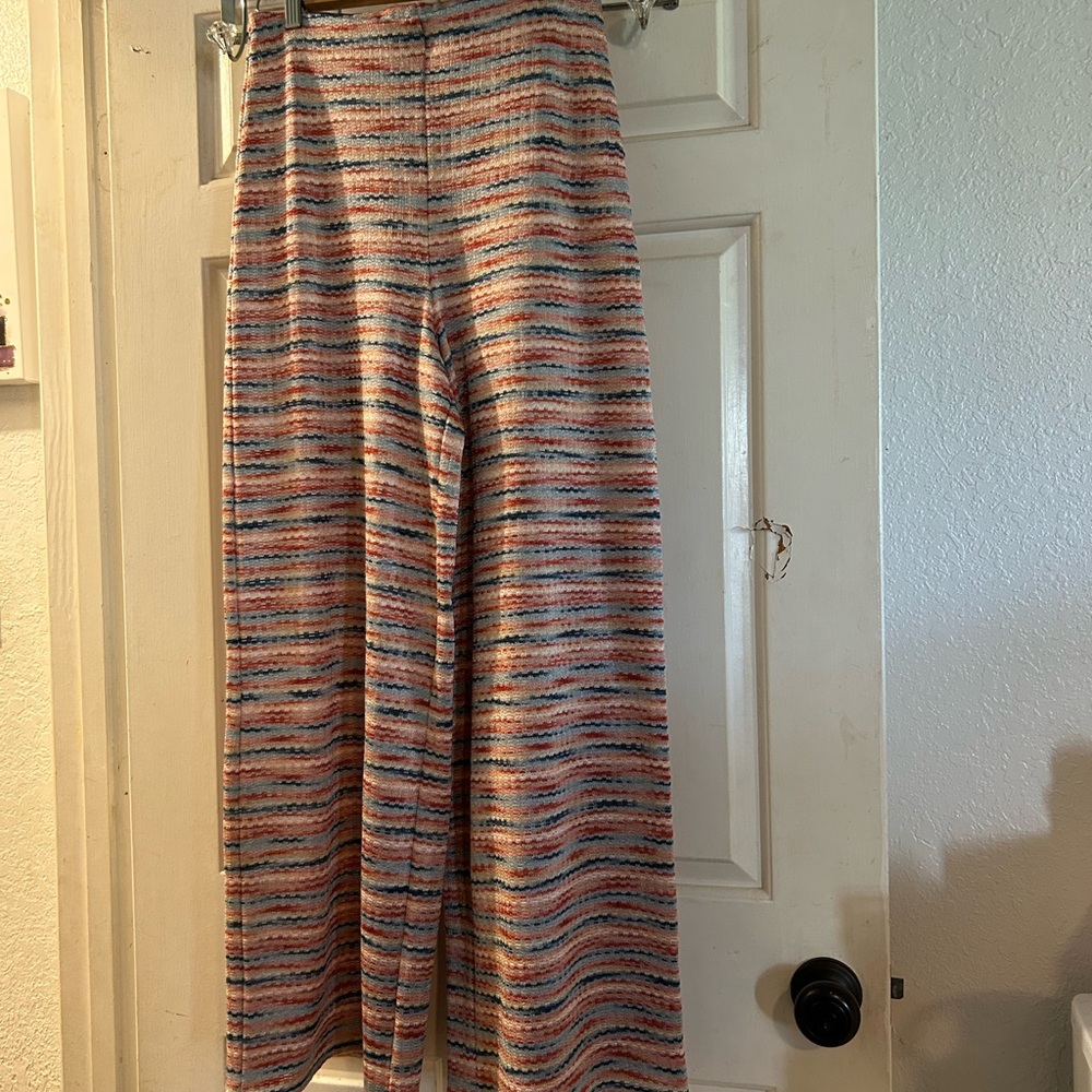 Anthropologie Wide-Leg Striped Knit Pants in Coral, Blue & Cream